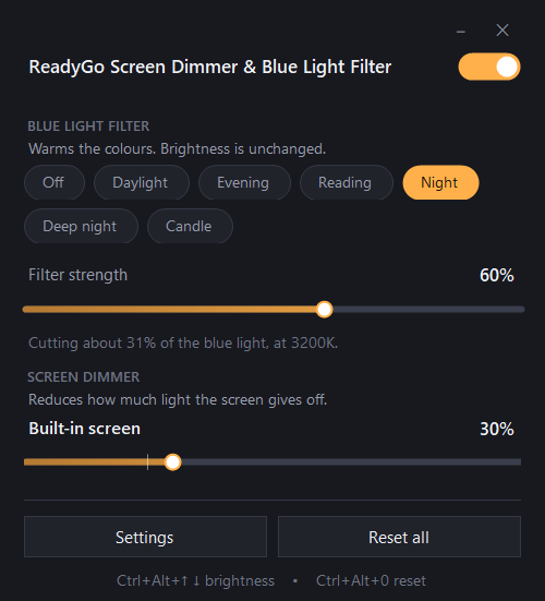 RGT Screen Dimmer control panel with blue light filter presets, a filter strength slider and a per-monitor brightness slider