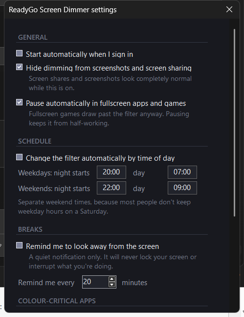 RGT Screen Dimmer settings window showing startup, schedule, break reminder and colour-critical app options