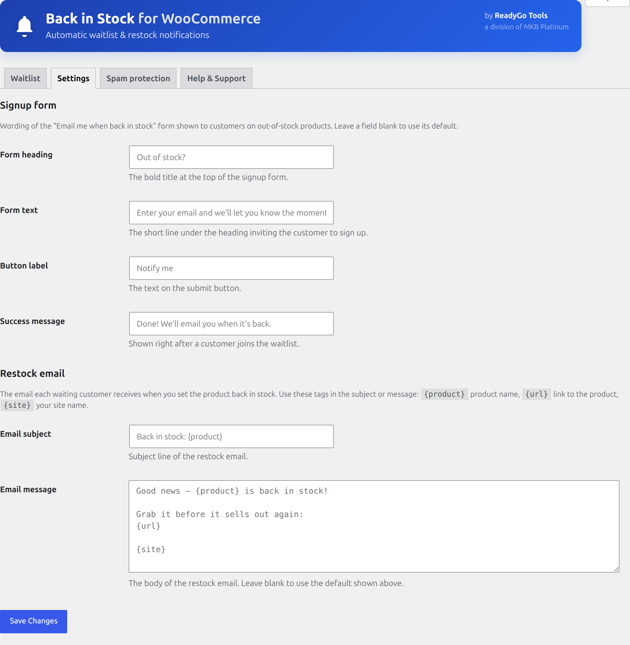 Back in Stock settings screen with form wording, restock email and spam protection options