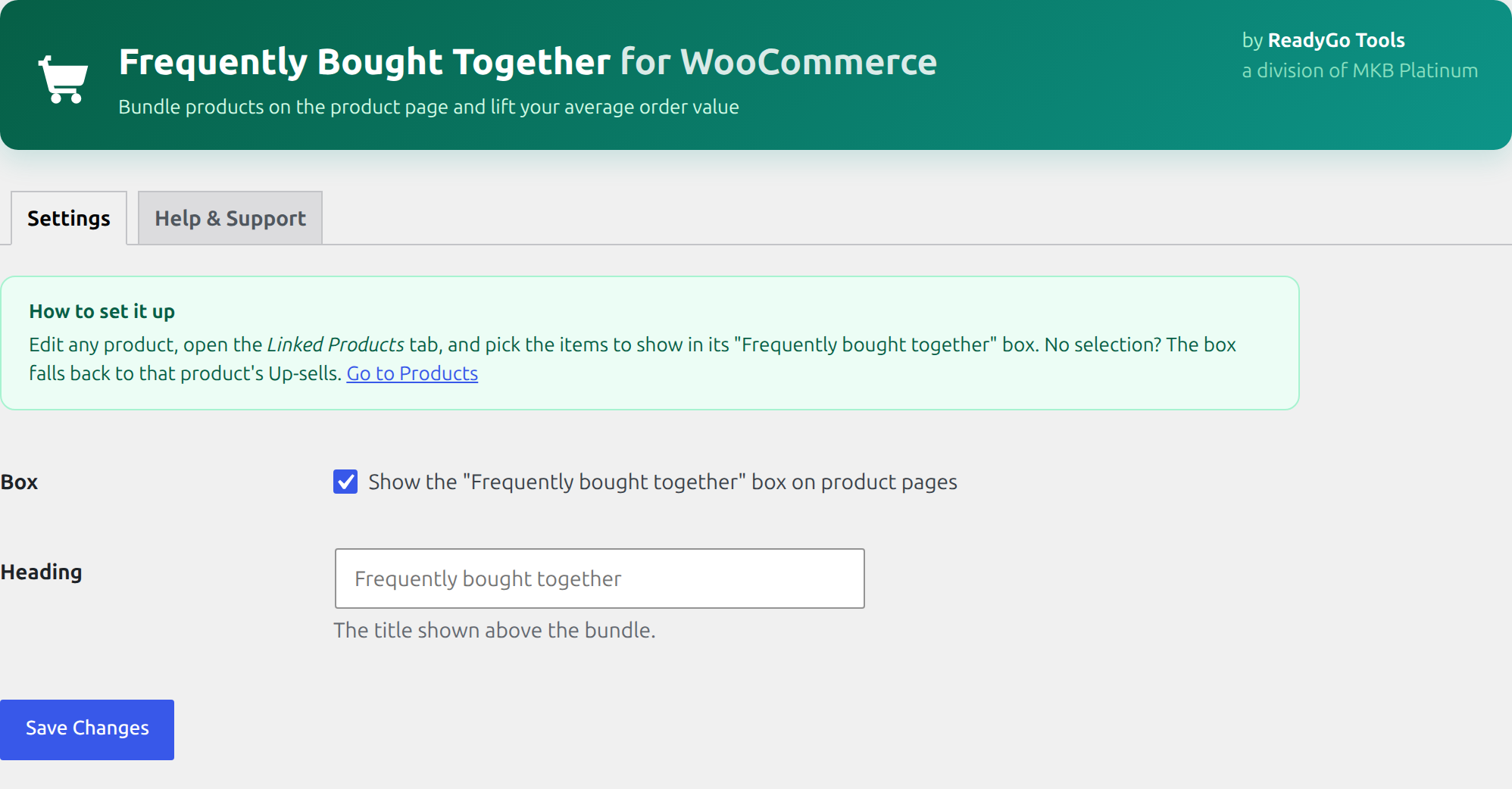 Frequently Bought Together for WooCommerce settings screen