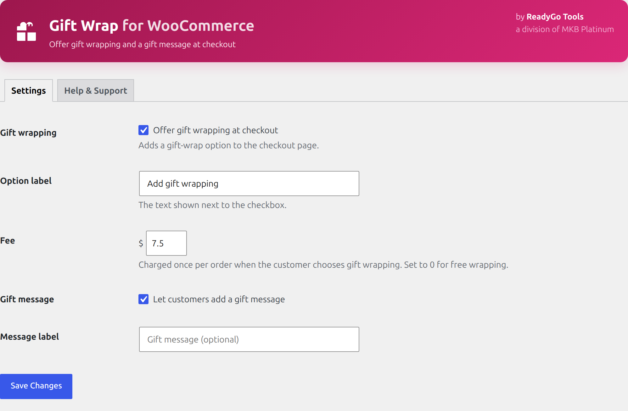Gift Wrap for WooCommerce settings screen