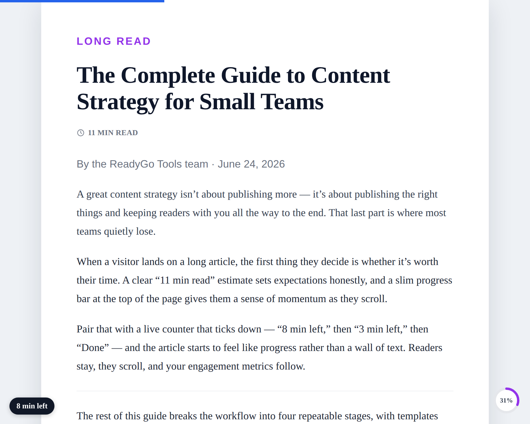 Live reading time-left counter counting down to 8 min left with reading progress bar on a long-form WordPress post