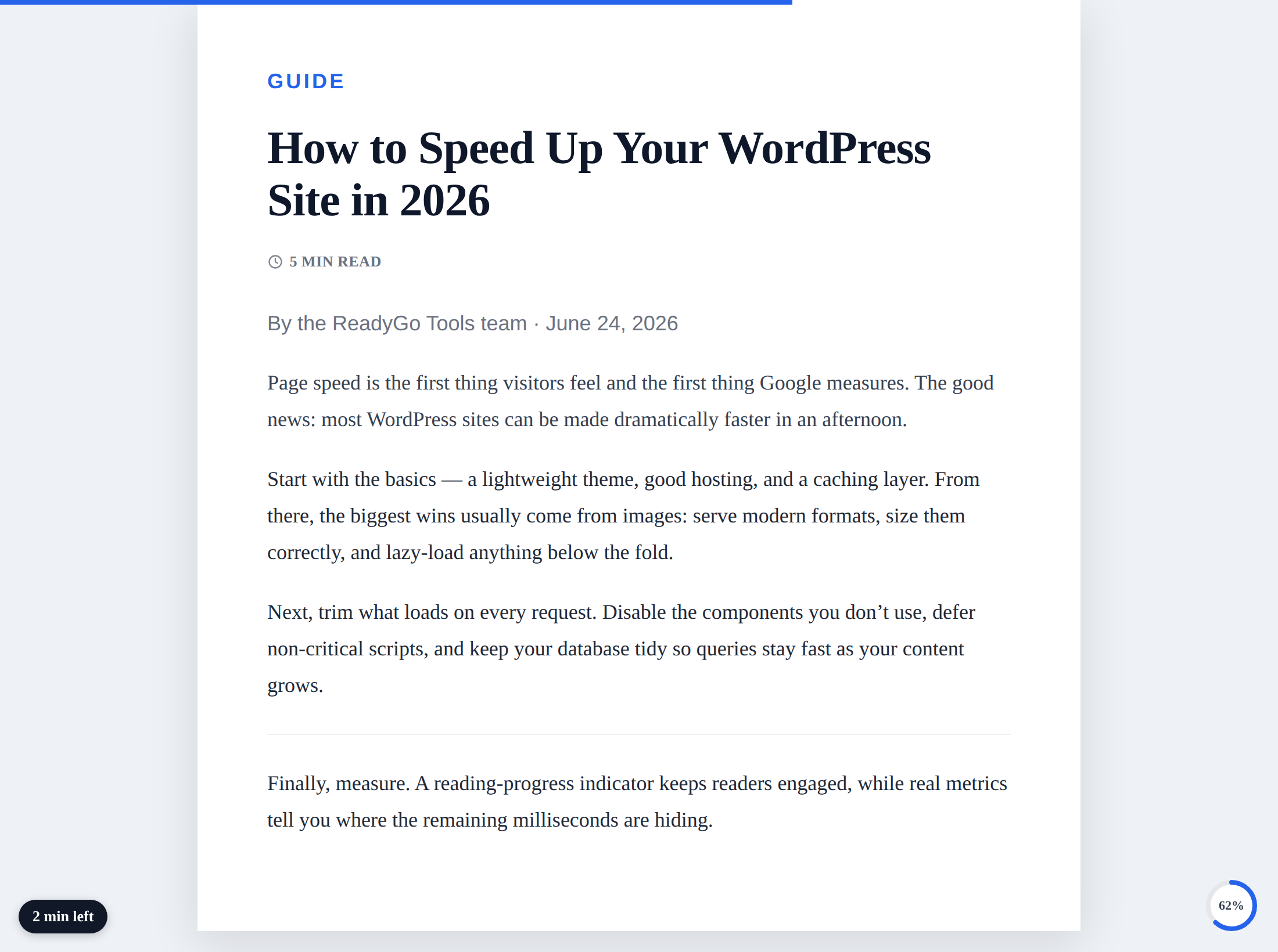 WordPress reading time plugin with a progress bar, 5 min read label, completion ring and live time-left counter on an article