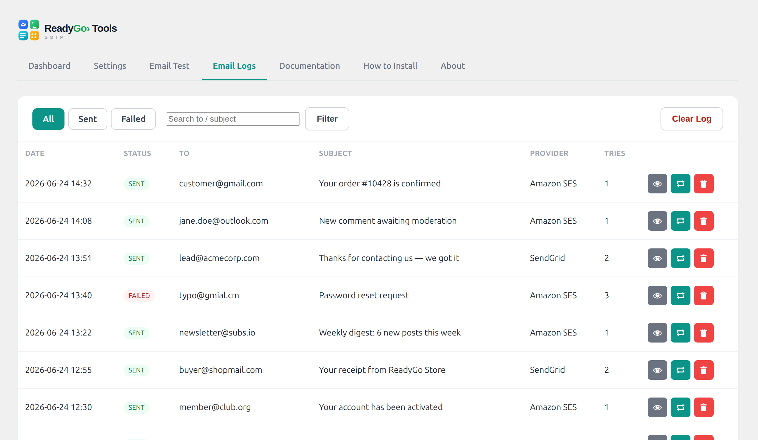 WordPress SMTP email logs showing Sent and Failed statuses, provider used, and resend actions for each message