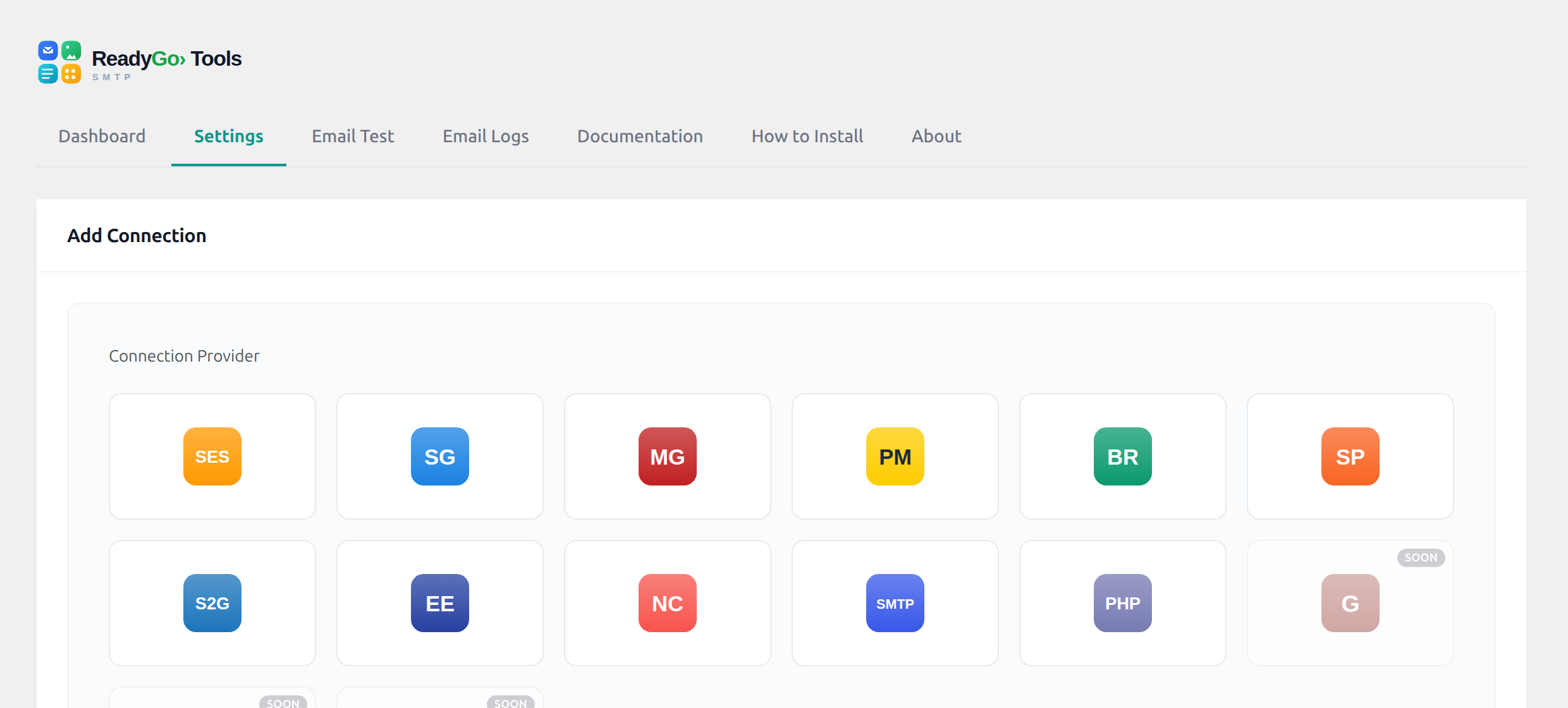 ReadyGo Tools SMTP provider picker with 14 SMTP and API email providers including Amazon SES, SendGrid and Mailgun