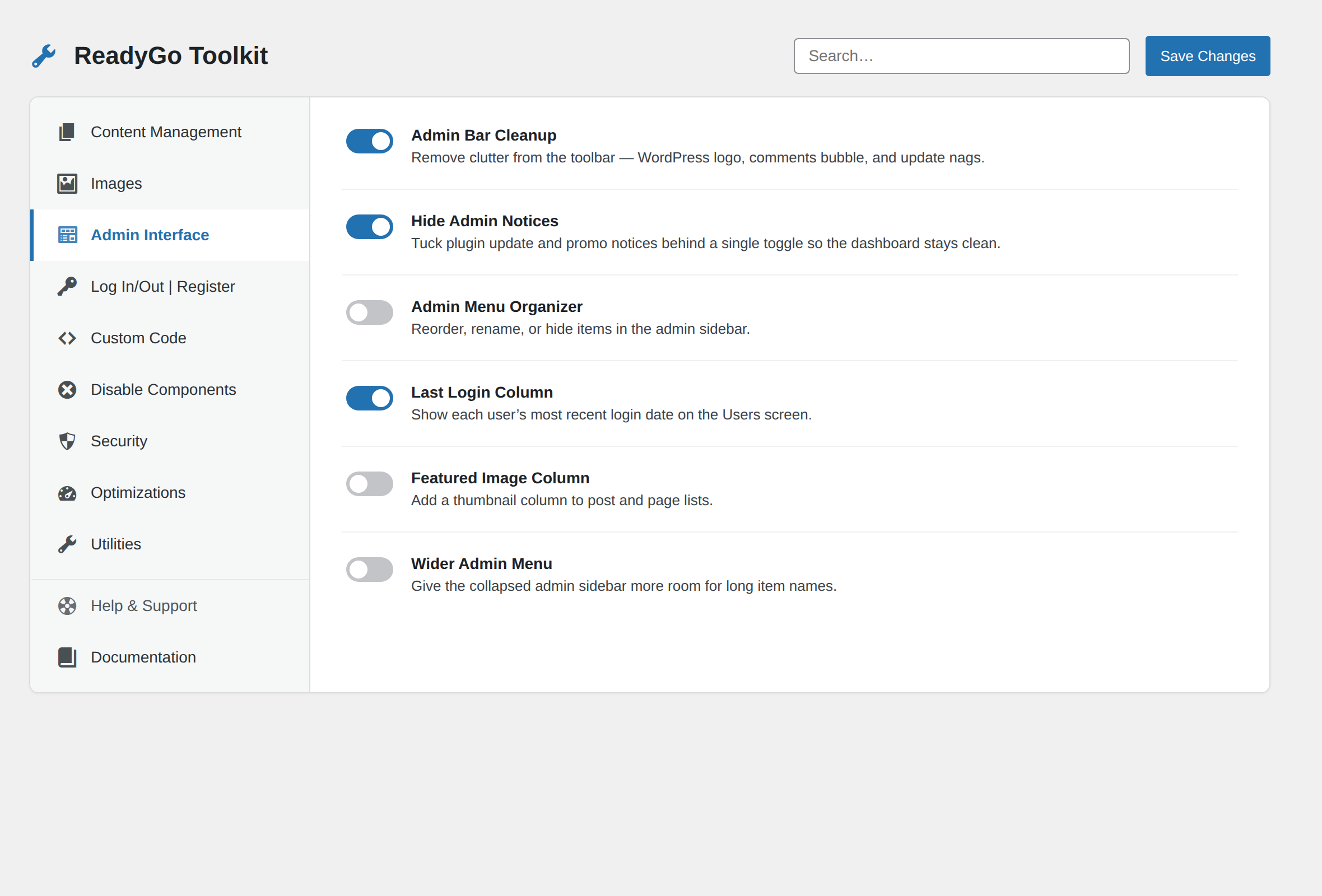 ReadyGo Toolkit Admin Interface panel — admin bar cleanup, hide notices, last login column
