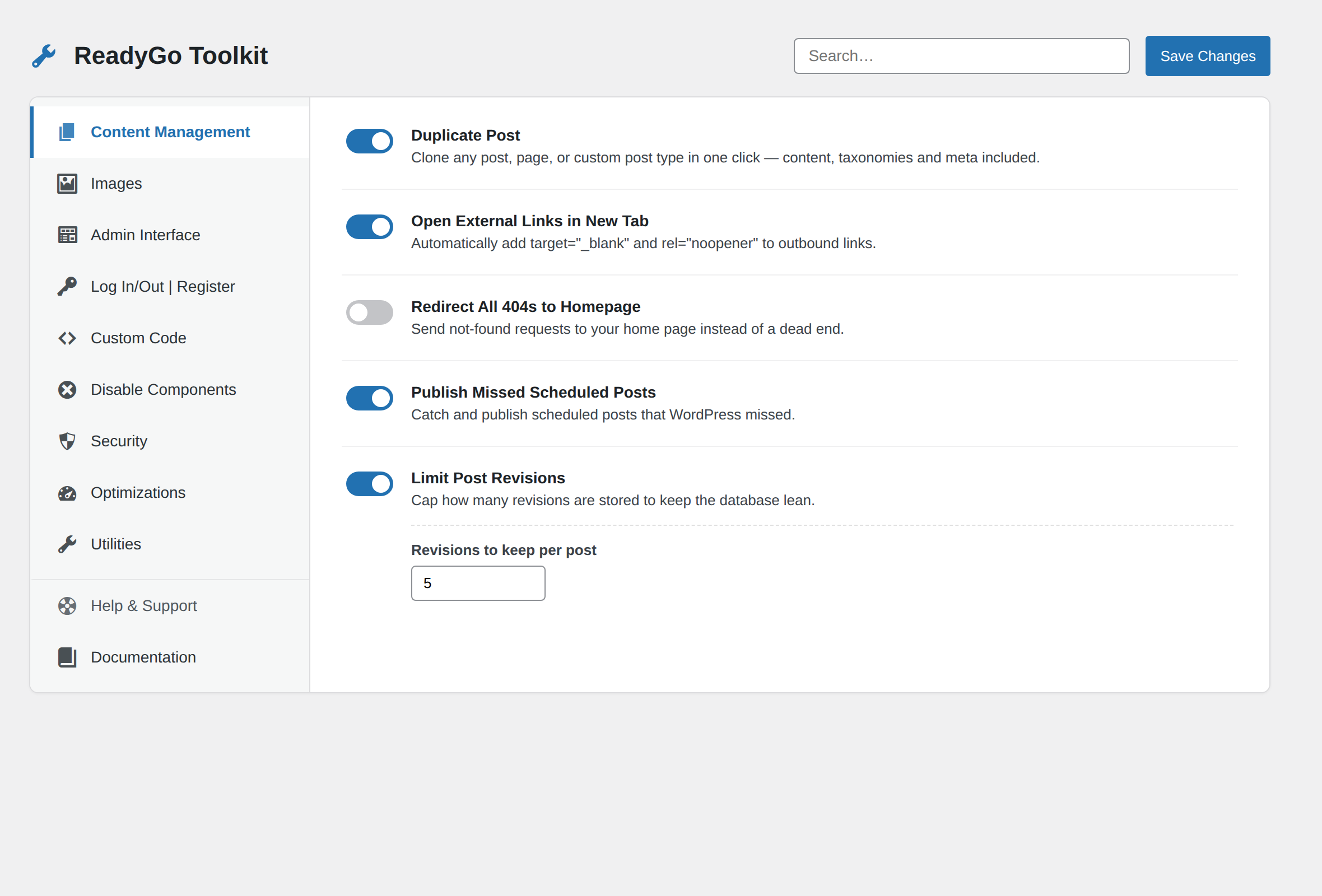 ReadyGo Toolkit Content Management panel — duplicate post, external links new tab, limit revisions