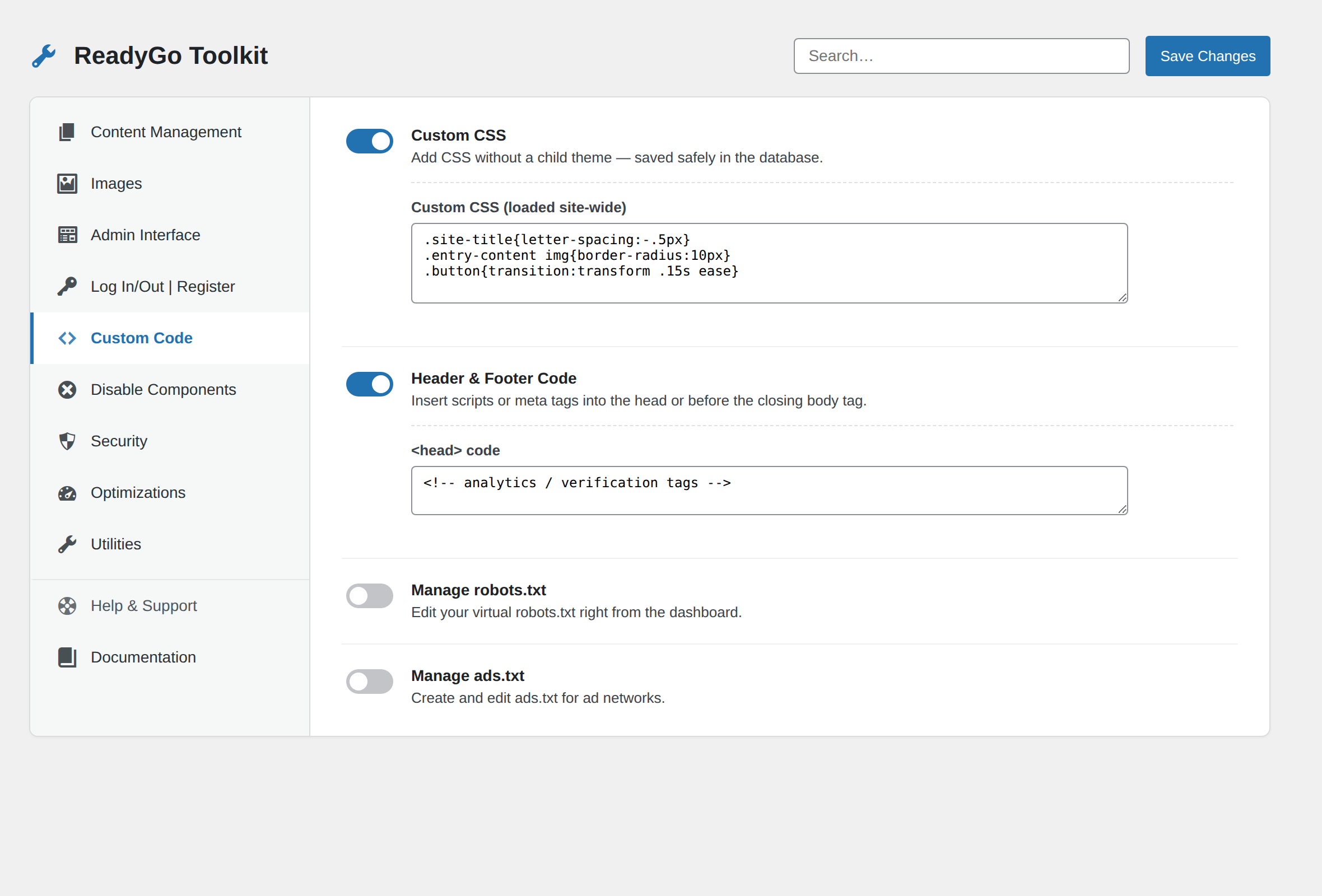 ReadyGo Toolkit Custom Code panel — add custom CSS and header/footer code without a child theme