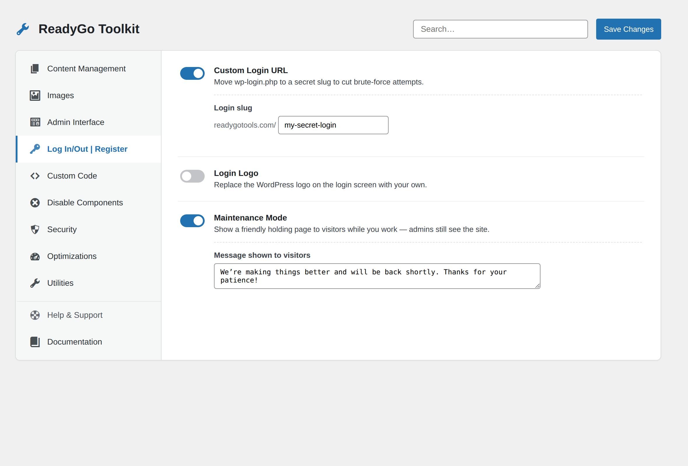 ReadyGo Toolkit Log In/Out panel — custom login URL, login logo, maintenance mode