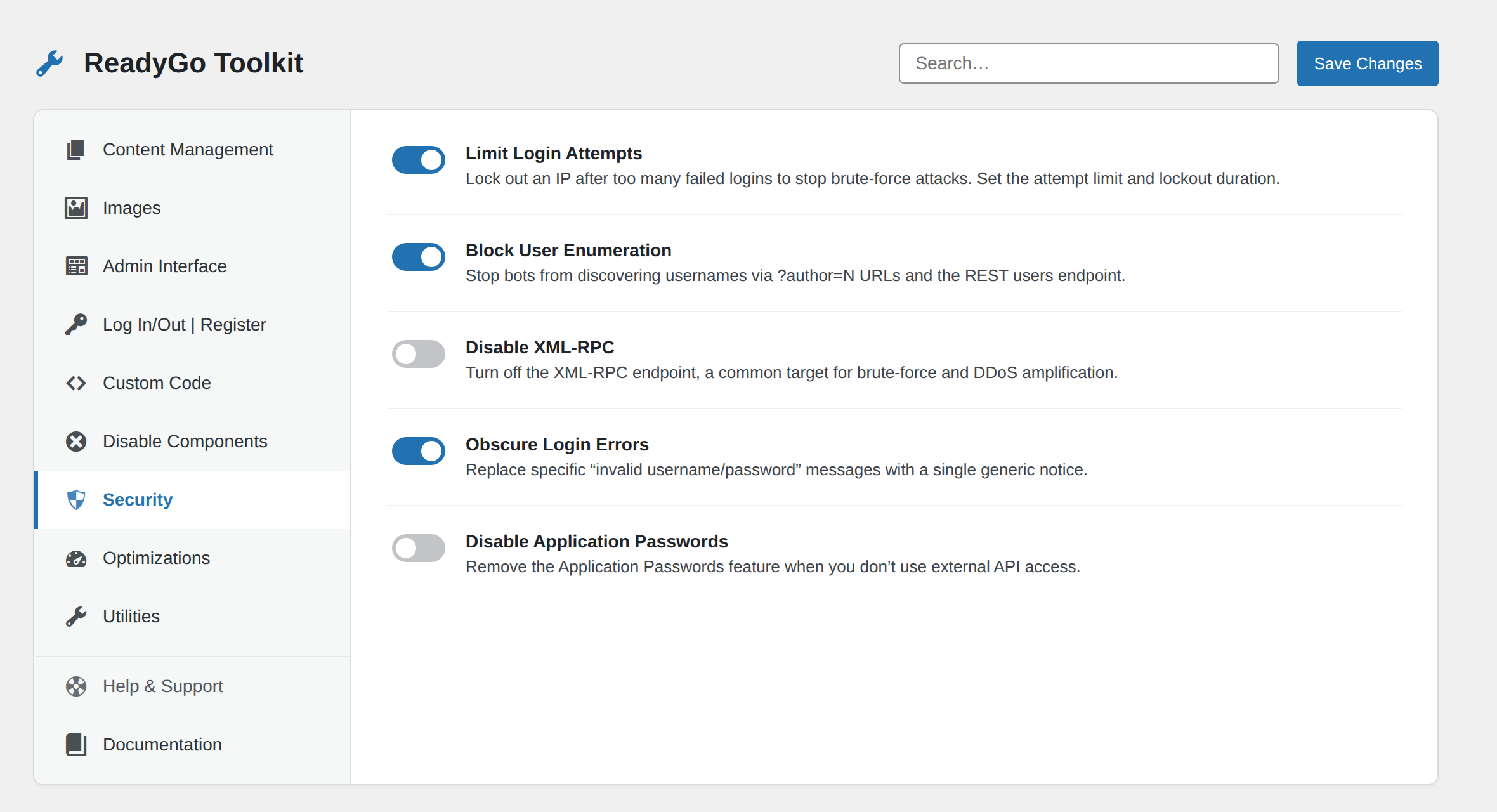 Disable WordPress features plugin — ReadyGo Toolkit Security modules with on/off toggles
