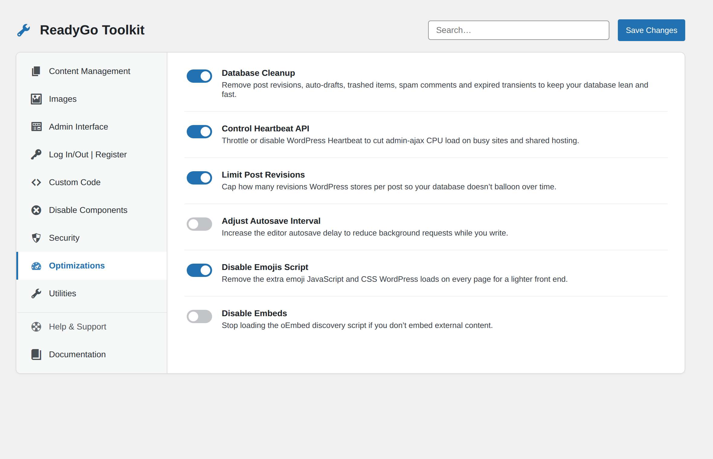 All-in-one WordPress utility plugin Optimizations panel with toggles for database cleanup and Heartbeat control
