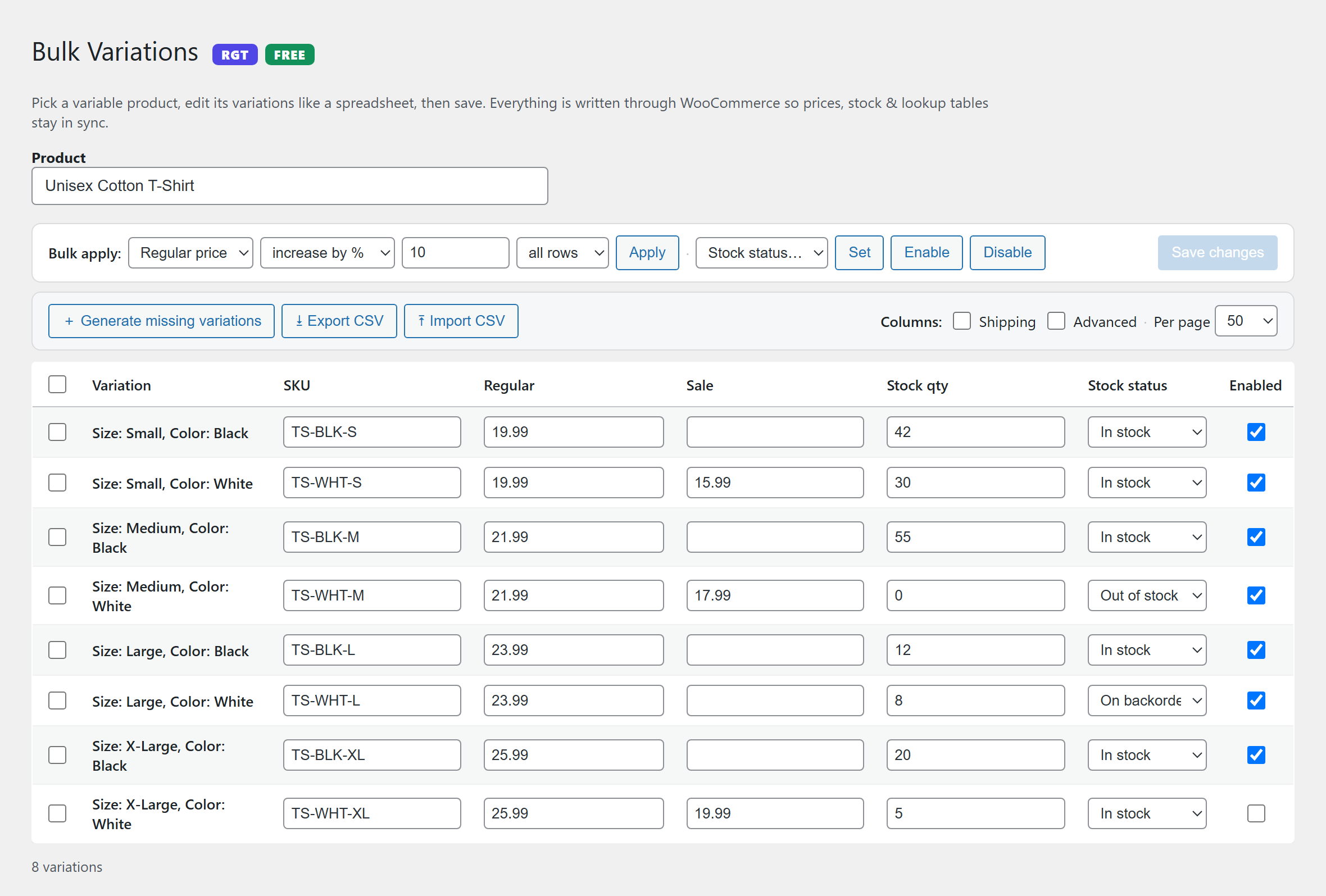 Variation Spreadsheet for WooCommerce editor
