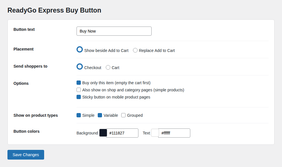 ReadyGo Express Buy Button settings: button text, placement, destination and colors